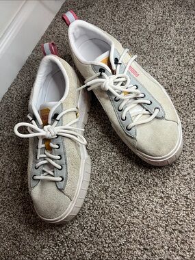 Puma Cream Suede Sneakers with Pink Heel Tab and Yellow Tongue Accents